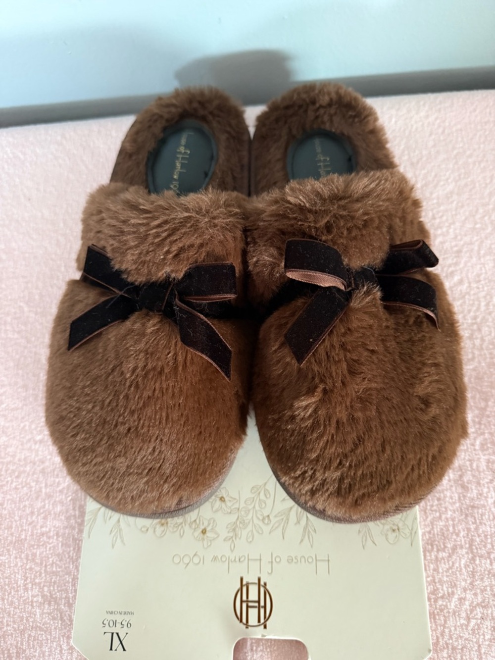House of Harlow 1960 Brown Faux Fur Slippers with Black Ribbon
